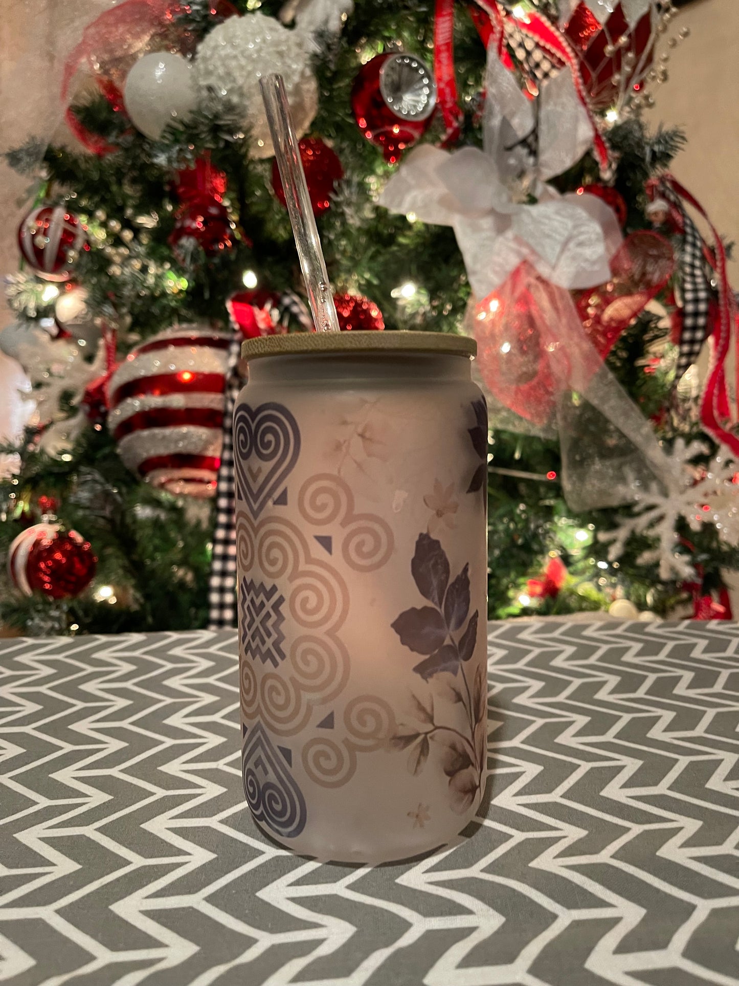 Blue Rose with Hmong Pattern Frosted Glass Tumbler 16oz