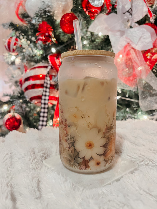 Floral Frosted Glass Tumbler 16oz