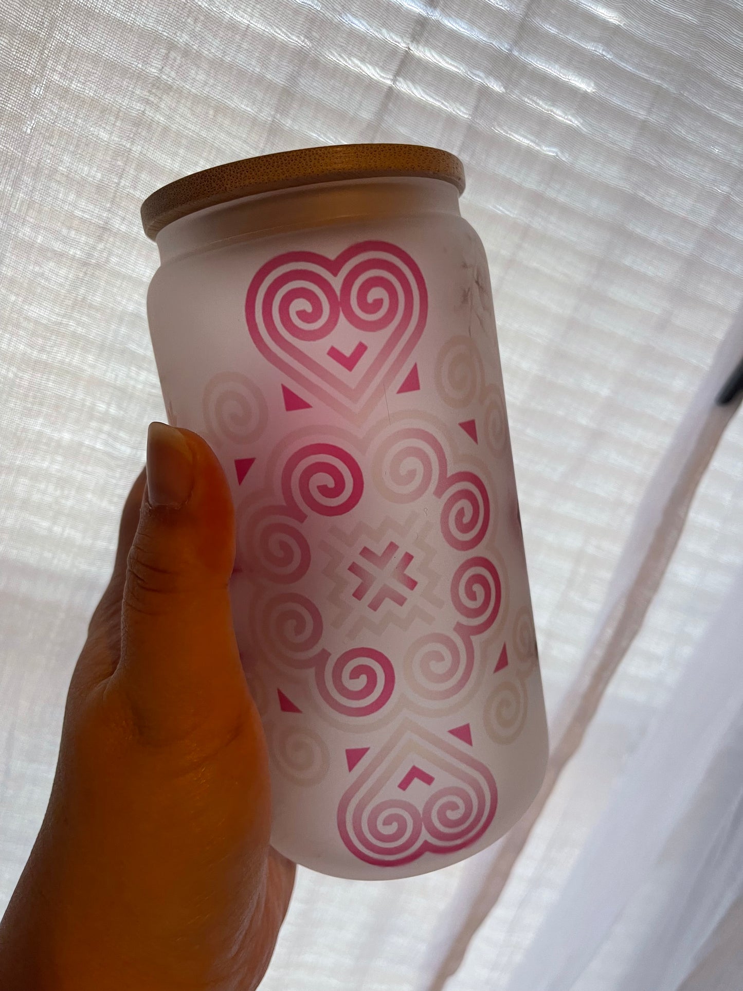 Pink Rose with Hmong Pattern Frosted Glass Tumbler 16oz